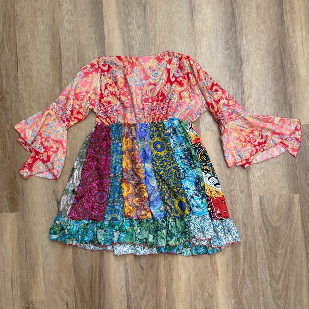 Silk Blend Patchwork Boho Fairy Bell Sleeve tunic mini dress L/XL whimsy paisley - Picture 3 of 7